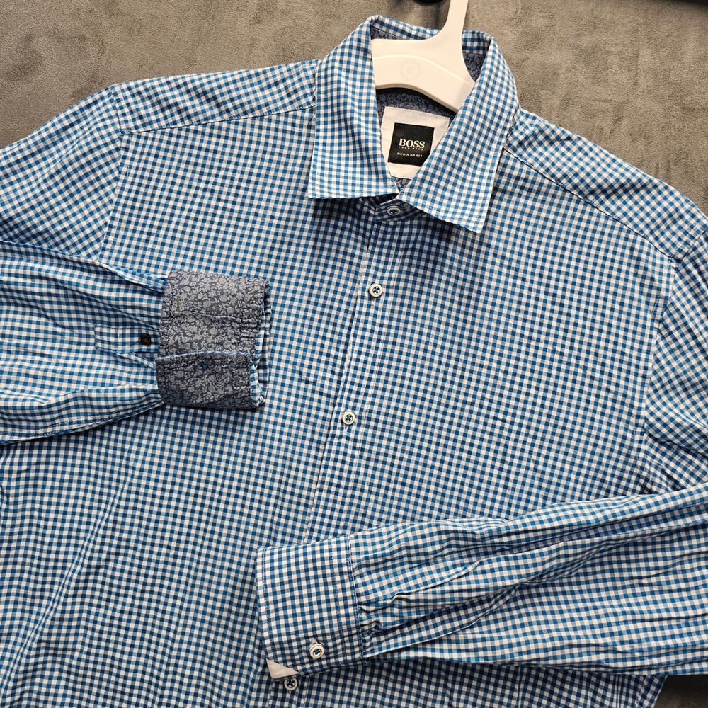 HUGO BOSS Mens Regular Fit Blue Gingham Cotton Button Down Shirt Size M